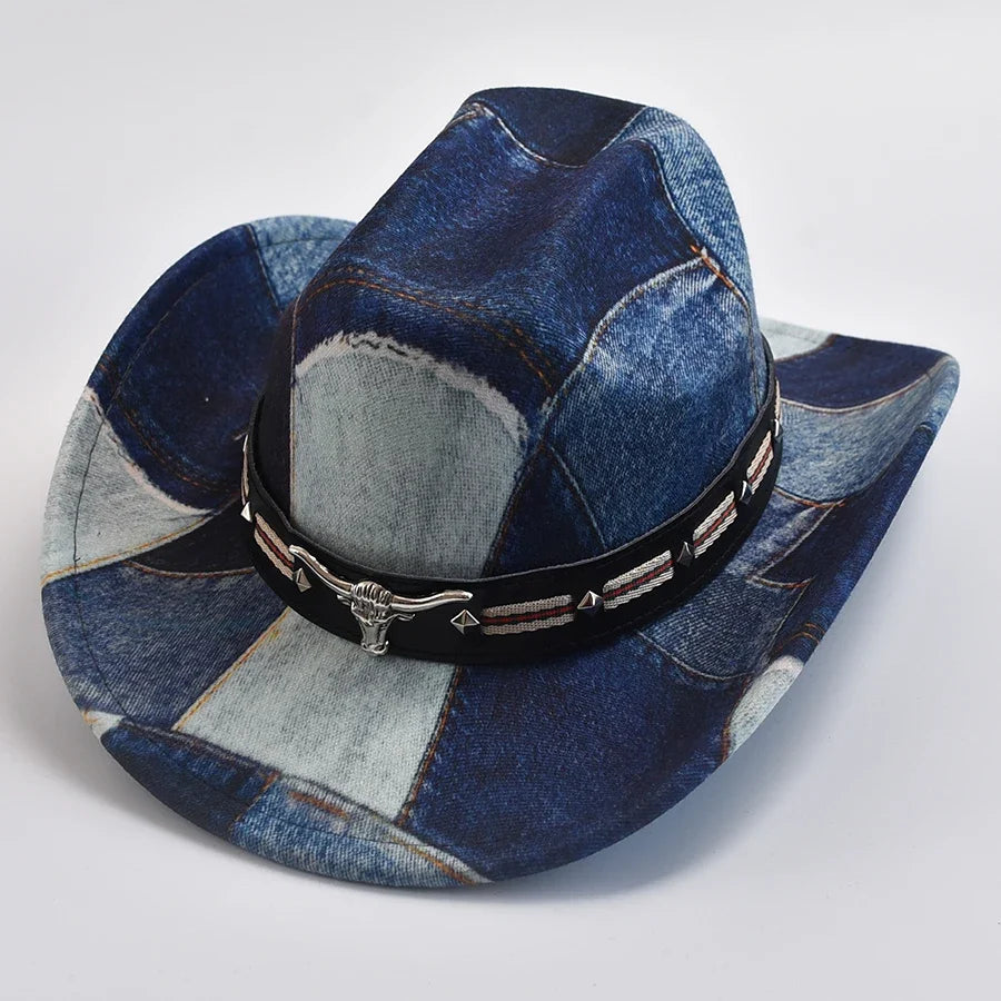 Fashionable unisex patchwork cowboy hat, ideal for achieving a distinct rugged western style.