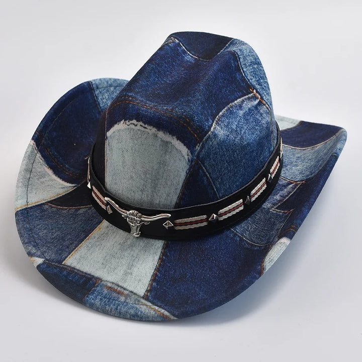 Fashionable unisex patchwork cowboy hat, ideal for achieving a distinct rugged western style.