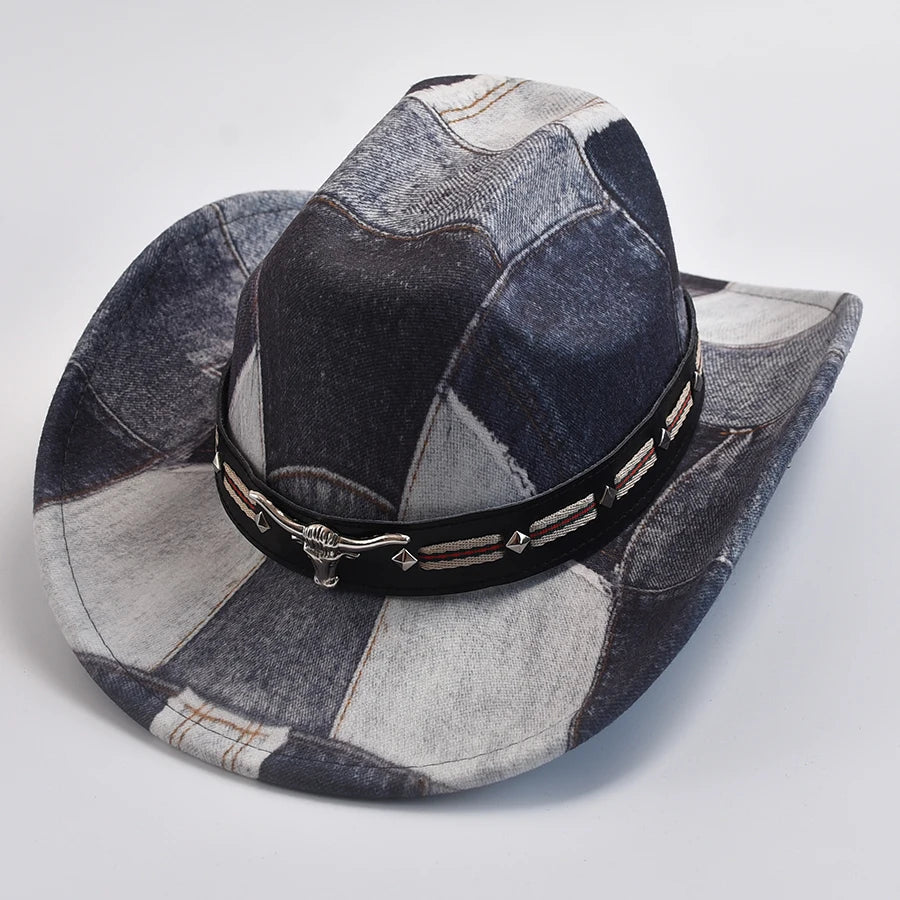 Patchwork cowboy hat with a prominent bull emblem, offering a genuine western style for all.