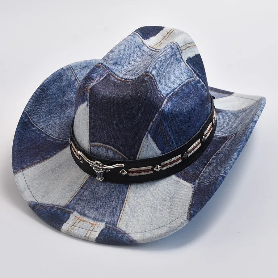 Durable patchwork cowboy hat, a unisex accessory for bold rugged fashion and western adventures.