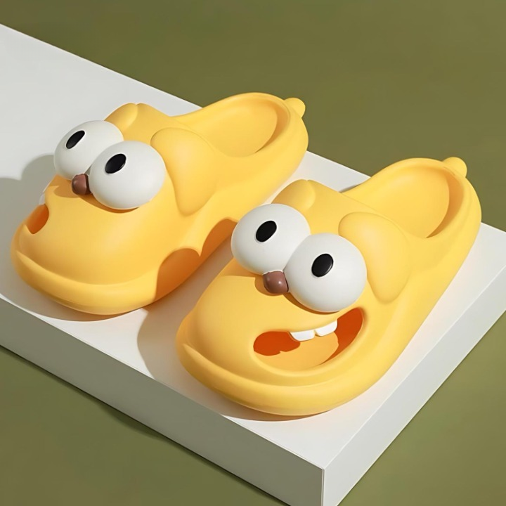 Top down view of a pair of unisex PawJoy Cozy Pup animal slippers, brown plush, cozy housewear