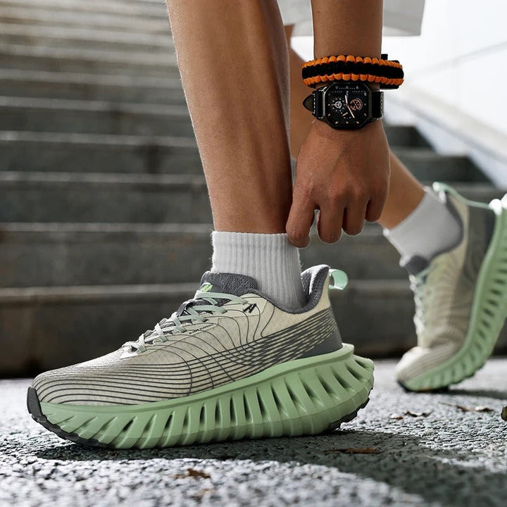 Close-up of breathable mesh fabric on lightweight athletic running shoes, perfect for all-day comfort.