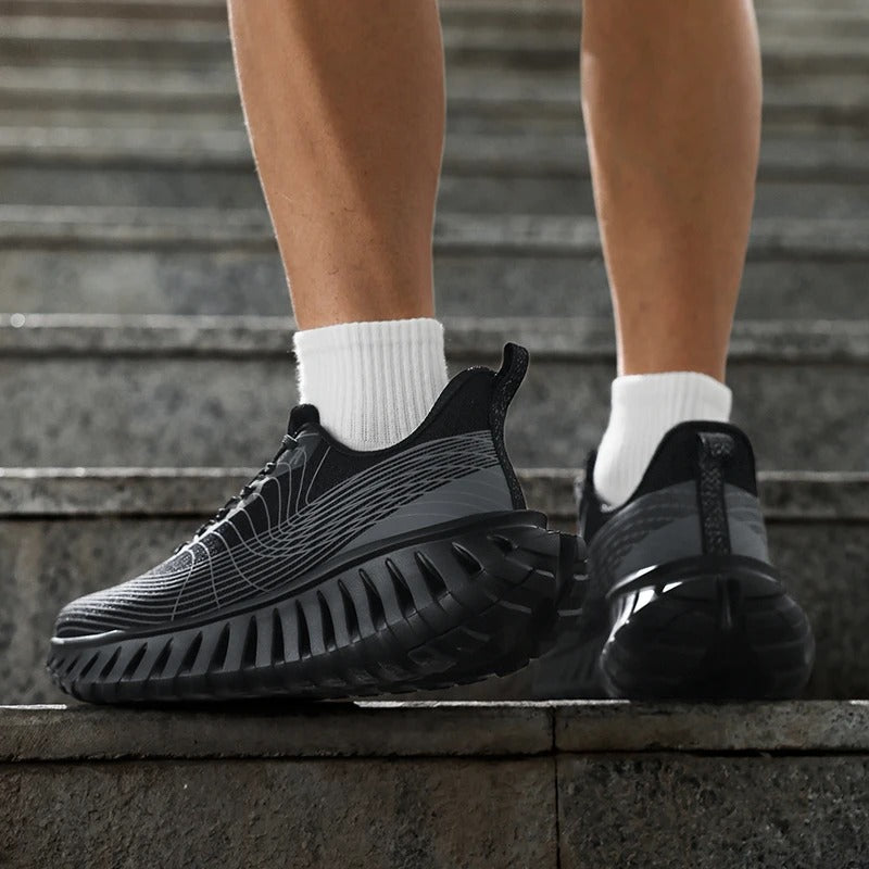 Rear view of supportive running sneakers, highlighting heel stability and secure fit for intense workouts.