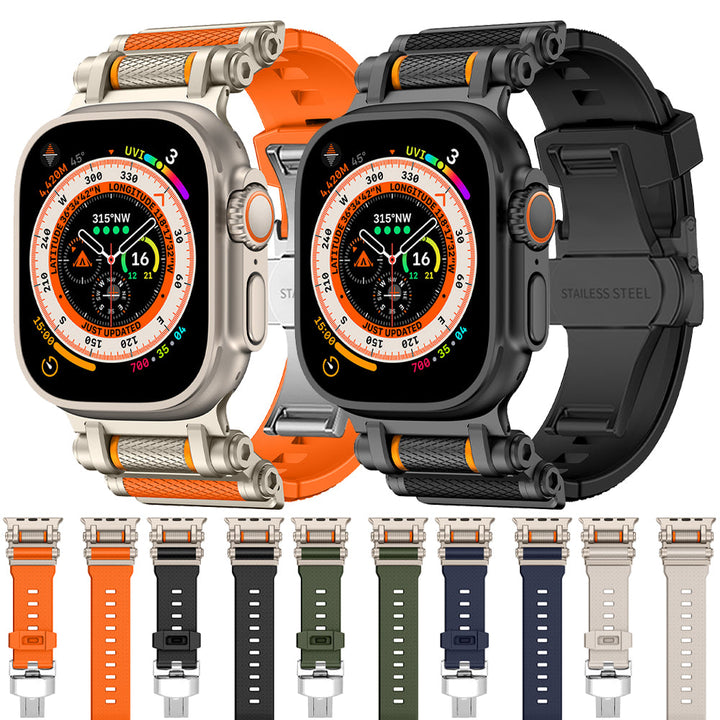 Modern design silicone watch band in onyx, quick release functionality.