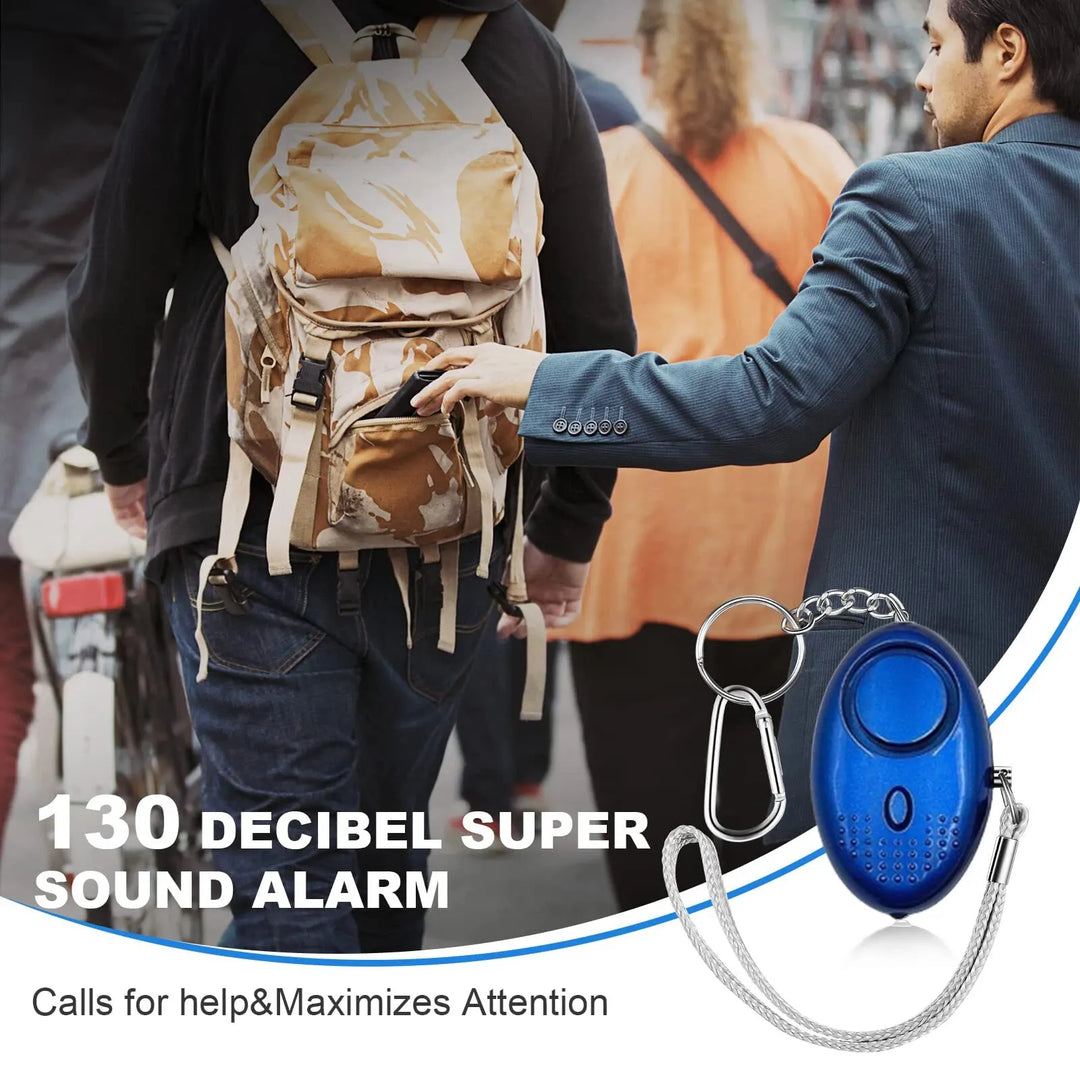 Discreet personal safety alarm featuring a powerful 130 dB siren and a convenient LED light for emergencies.