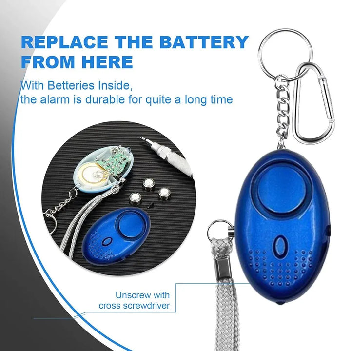 Hands-on image of the SafeSound 130 dB personal safety alarm with LED light, ready for immediate use.
