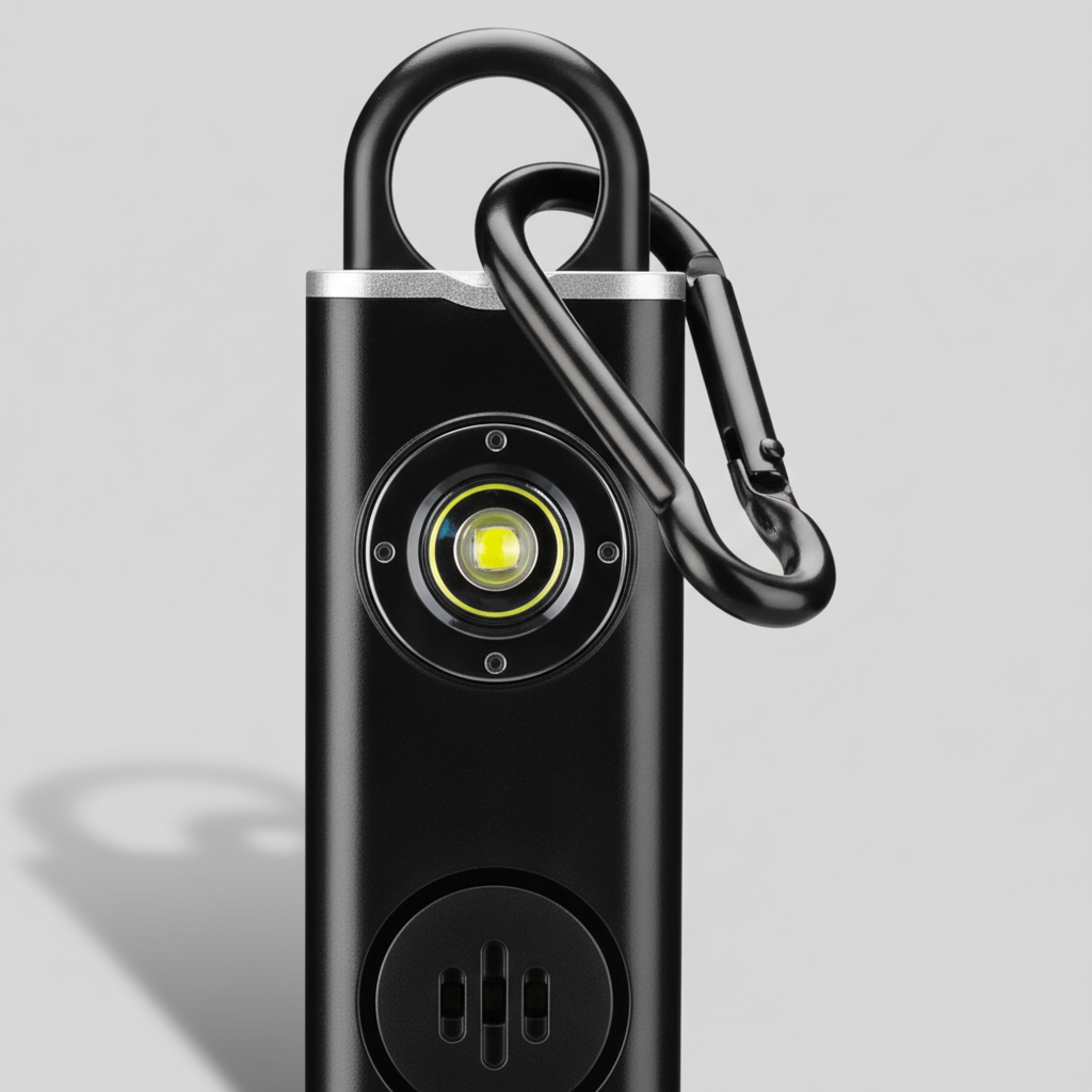 Close-up of a portable security alarm keychain, loud siren for personal safety and emergency