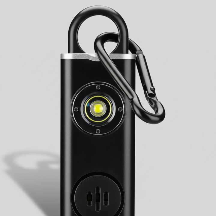 Close-up of a portable security alarm keychain, loud siren for personal safety and emergency