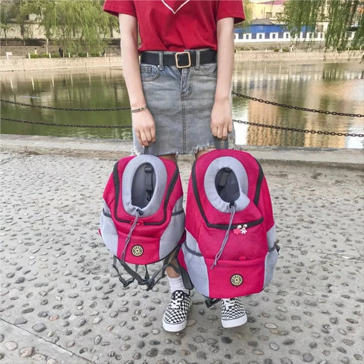 Happy small dog peeking from a comfortable, breathable pet carrier backpack, ready for outdoor adventures.