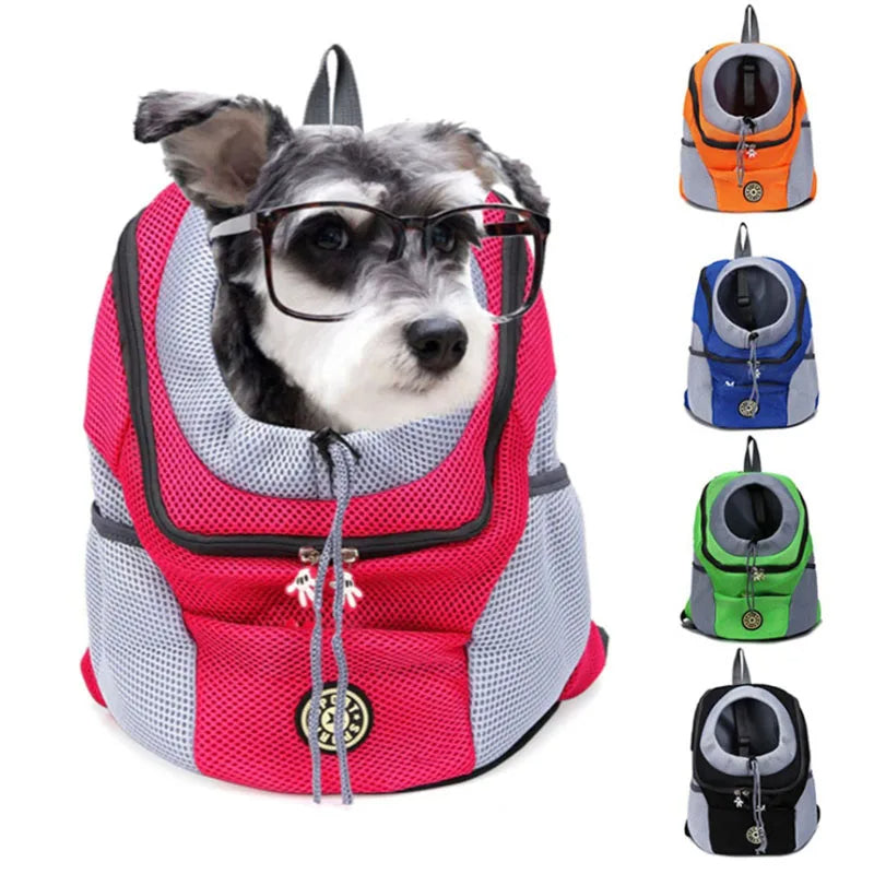 Close-up of the durable, breathable mesh window on a black unisex pet carrier backpack for safe cat travel.