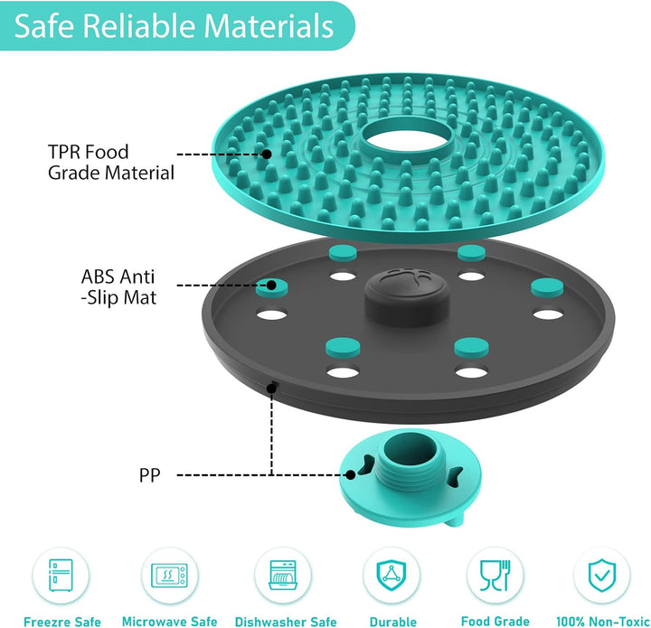 High-angle view of a dog licking a red pet feeder mat, showing its textured surface for enrichment