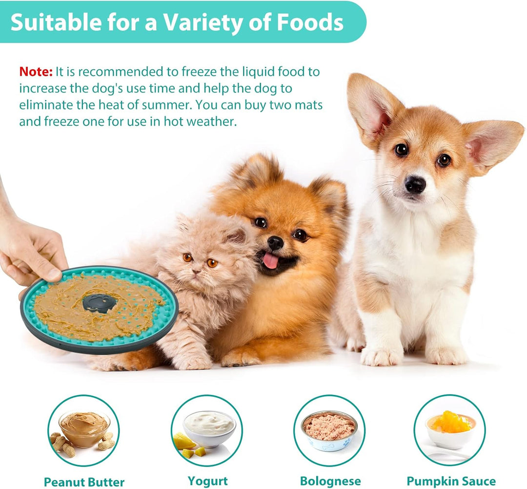 Pet owner preparing a calm dog with a slow feeder lick mat, using pet-safe spread for anxiety relief