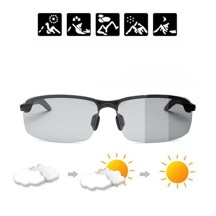 Unisex photochromic polarized sports sunglasses. Glare reduction, UV protection, and adaptive lenses for active lifestyles.