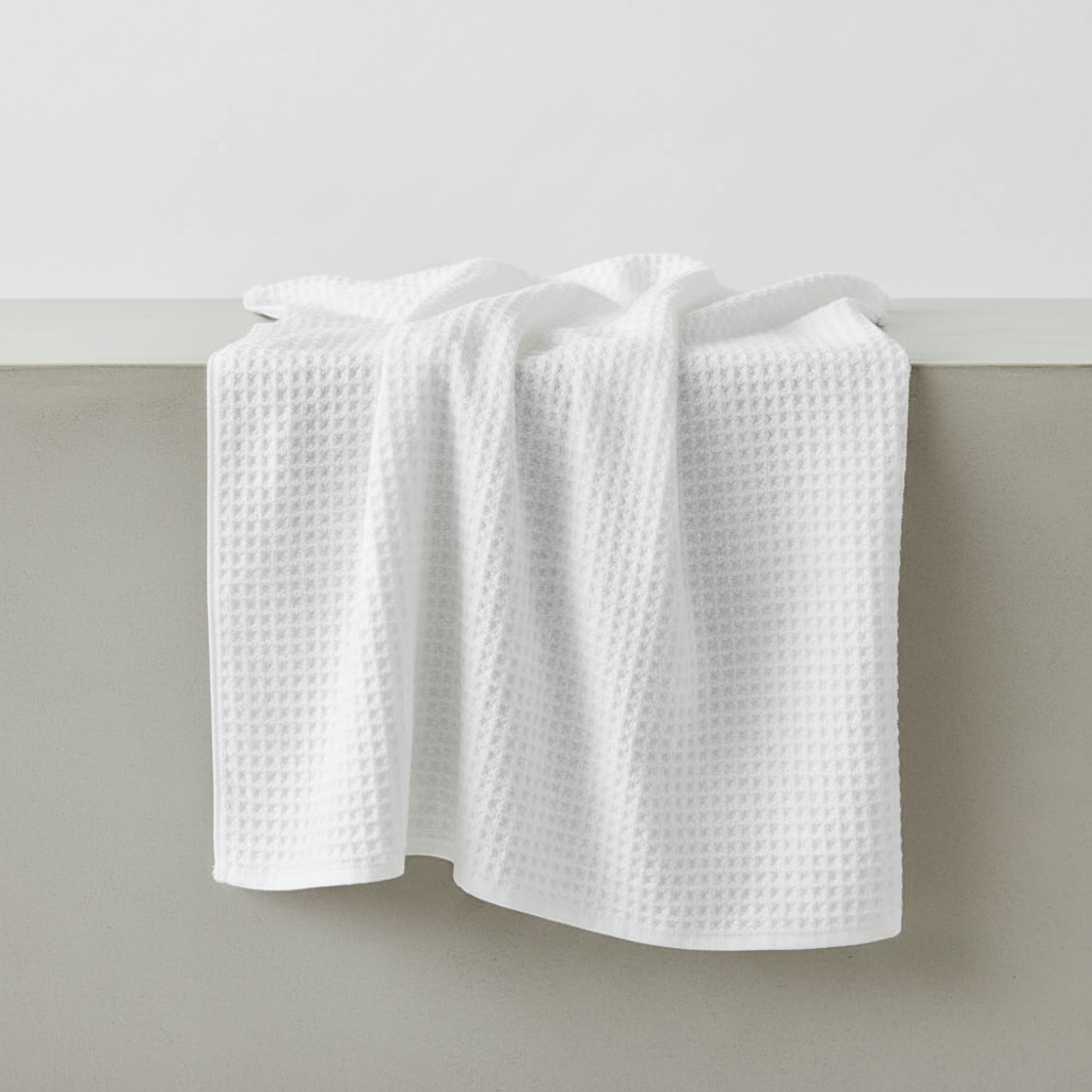 Unisex model holding a soft Pima cotton waffle towel after shower, emphasizing FreshWrap quick-dry comfort