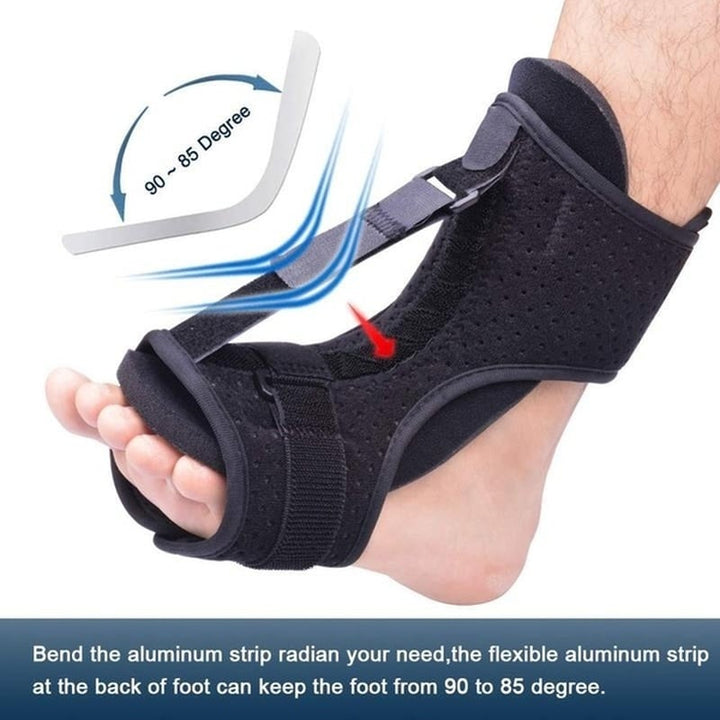 Breathable plantar fasciitis night splint providing targeted foot & heel pain relief during sleep. Orthopedic support.