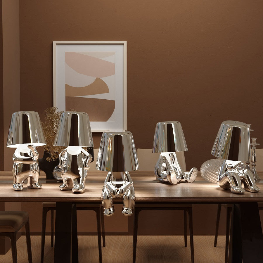 Close-up of Playful Dimmable Artist Table Lamp, rechargeable LED light, warm glow, touch control