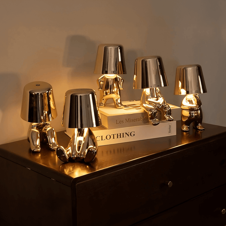 Detail of Playful Artist Lamp's unique base, touch control, dimmable LED light, artistic design