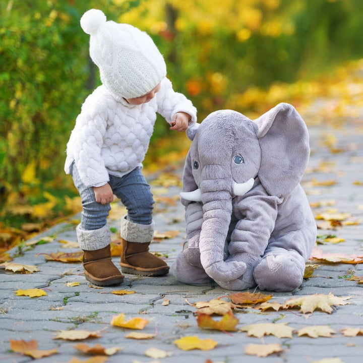 Soft plush elephant toy, a comfortable kids pillow & stuffed animal for toddlers, babies, & nursery decor.
