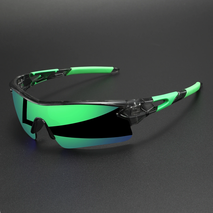 Athlete cycling with polarized performance sunglasses. Unisex sport eyewear for UV protection & clear vision during rides.