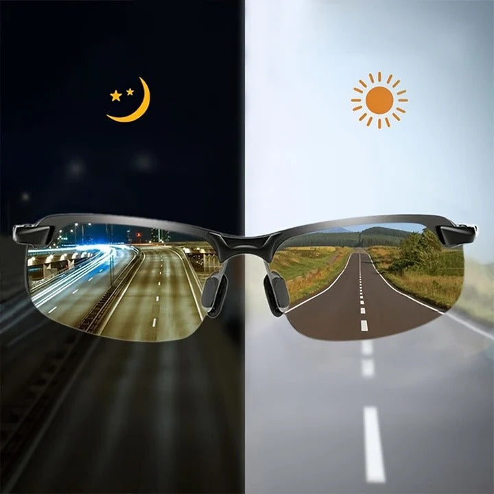 Unisex polarized photochromic sunglasses, ideal for adaptive vision, UV protection & glare reduction in sports & driving.