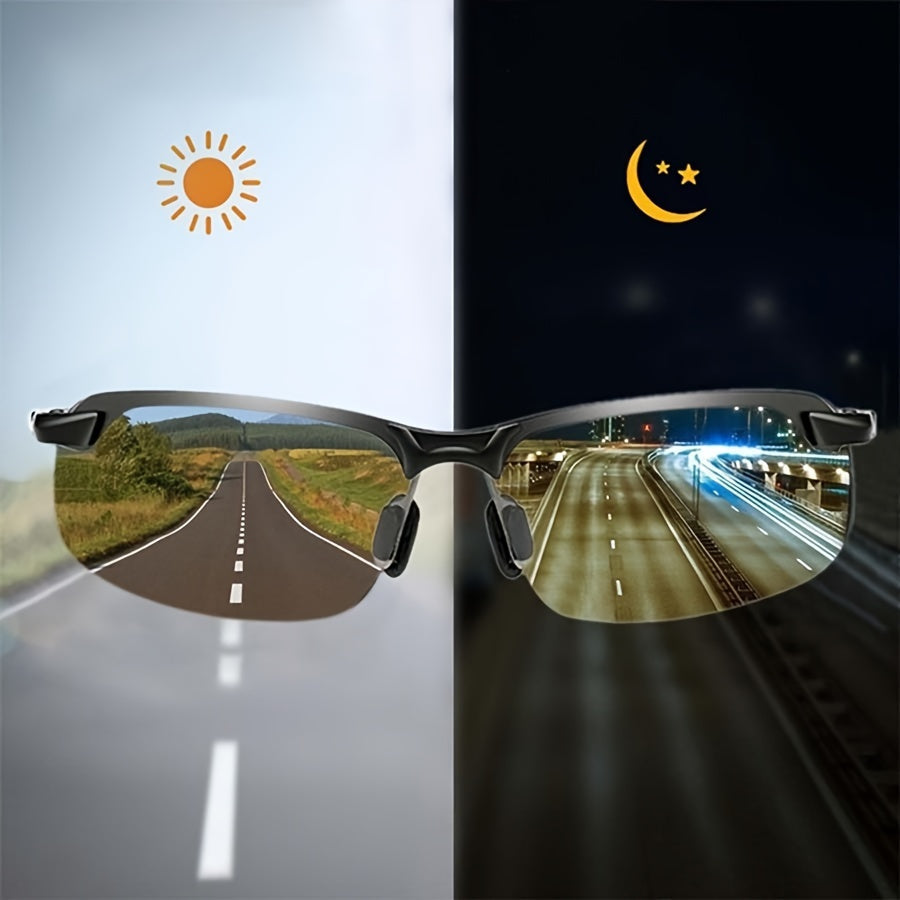 Unisex polarized photochromic sunglasses with adaptive UV protection, ideal for outdoor activities & driving.