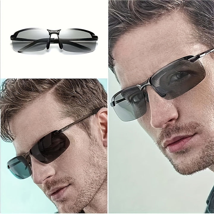 Stylish unisex photochromic polarized sunglasses, adapting to light for optimal UV protection & glare reduction.