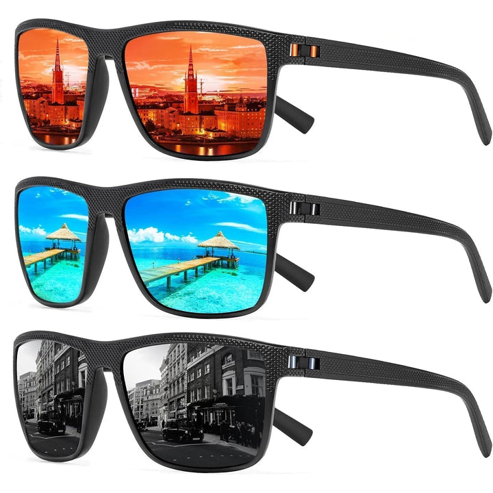 Multi-color polarized sunglasses 3-pack for men & women, offering superior UV protection & glare reduction for all sports.