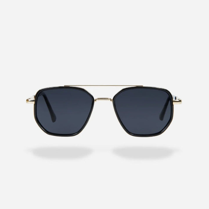 Close-up of durable unisex polarized sunglasses, showcasing sleek design & UV protective lenses.