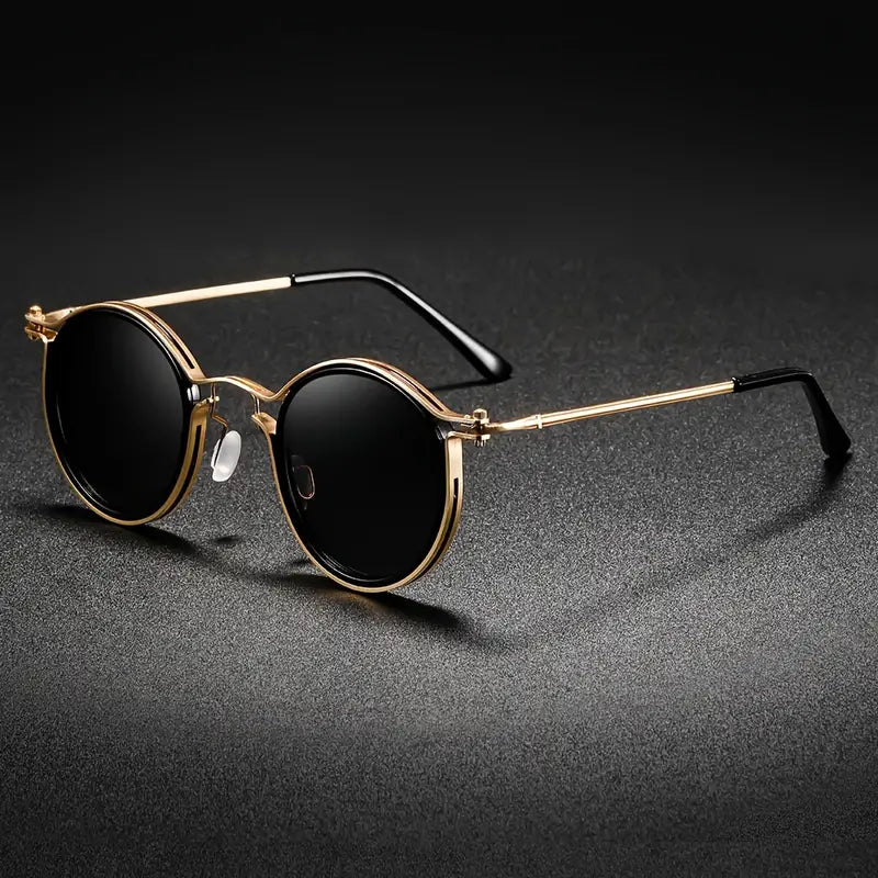 Gold unisex polarized sunglasses with metal frame. Glare-free, UV protected lenses for outdoor fashion eye protection.