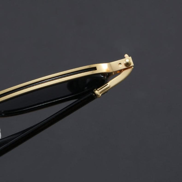 Elegant unisex polarized sunglasses featuring a gold metal frame and black lenses for superior anti-glare & UV protection.