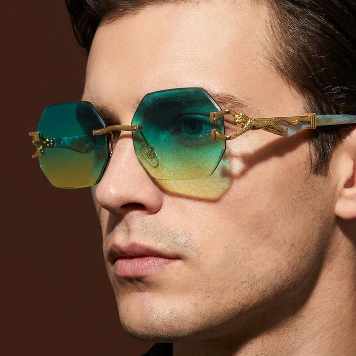 Unisex polygonal sunglasses with modern style, leopard print detail, & UV400 protection.