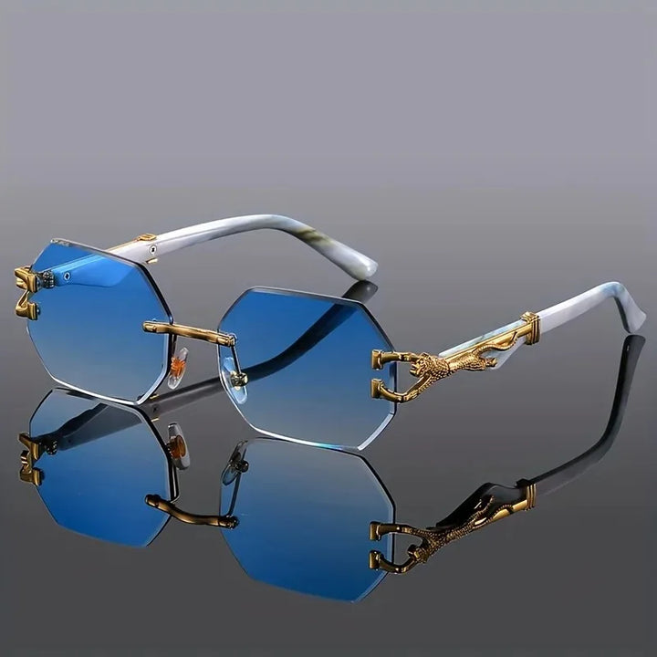 Contemporary polygonal sunglasses, rimless, with a stylish leopard print & UV400 protection.
