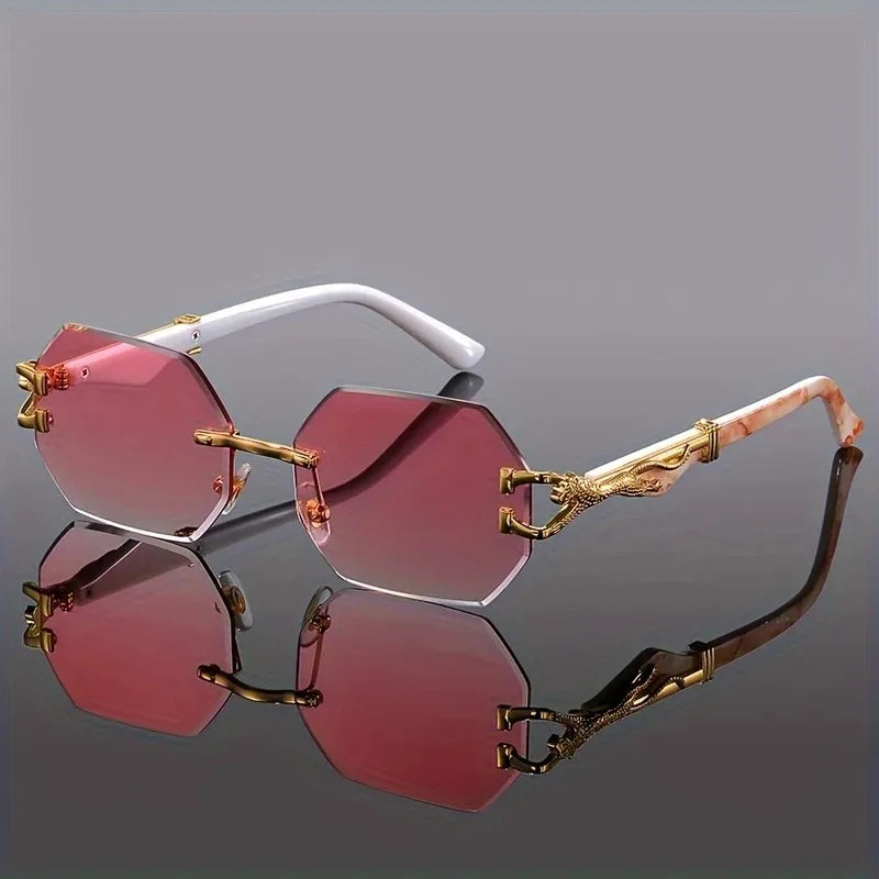 Alloy frame polygonal sunglasses, unisex, leopard detail, lightweight for comfort & UV400.
