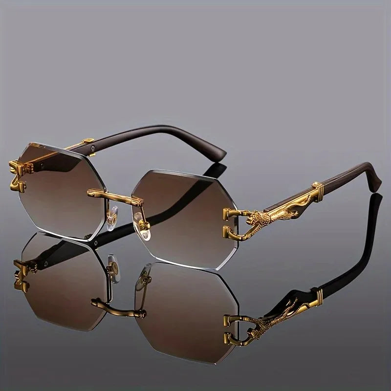 Modern polygonal sunglasses, rimless, featuring unique leopard print arms & UV400 protection.