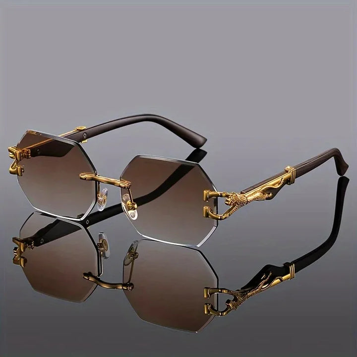 Modern polygonal sunglasses, rimless, featuring unique leopard print arms & UV400 protection.
