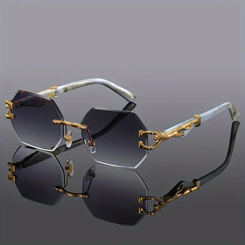 Unisex polygonal rimless sunglasses, leopard print, lightweight alloy frame, gradient UV400 lenses.
