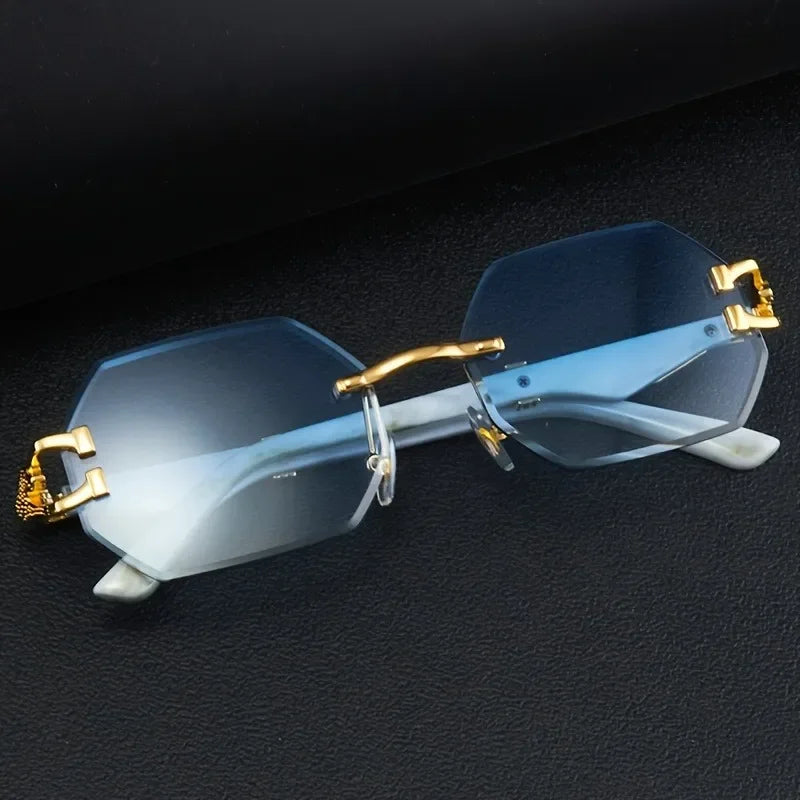 Stylish unisex polygonal sunglasses with leopard print, rimless design, UV400 protection, and lightweight.