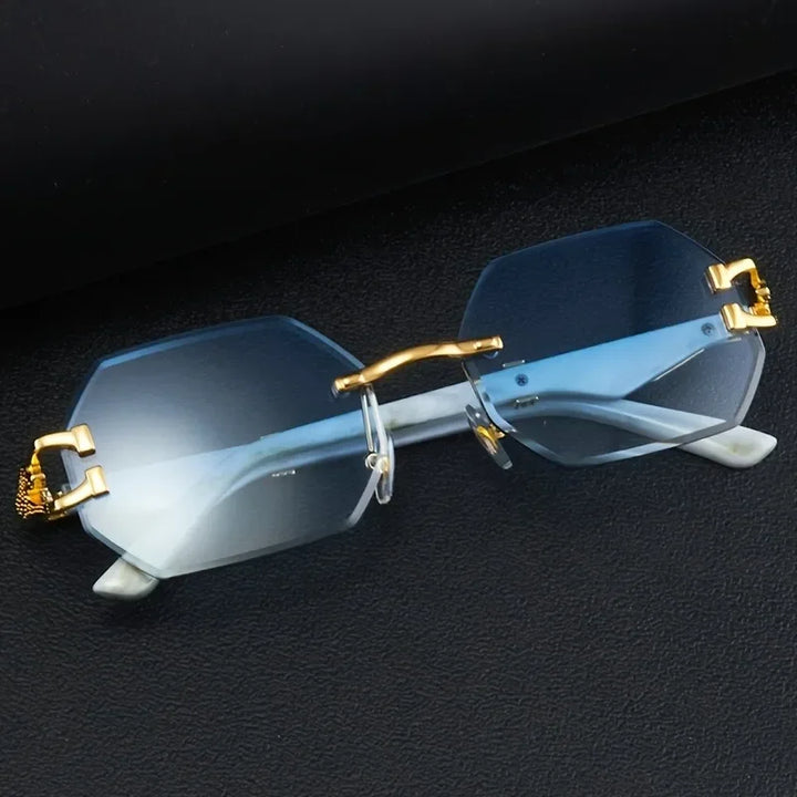 Stylish unisex polygonal sunglasses with leopard print, rimless design, UV400 protection, and lightweight.