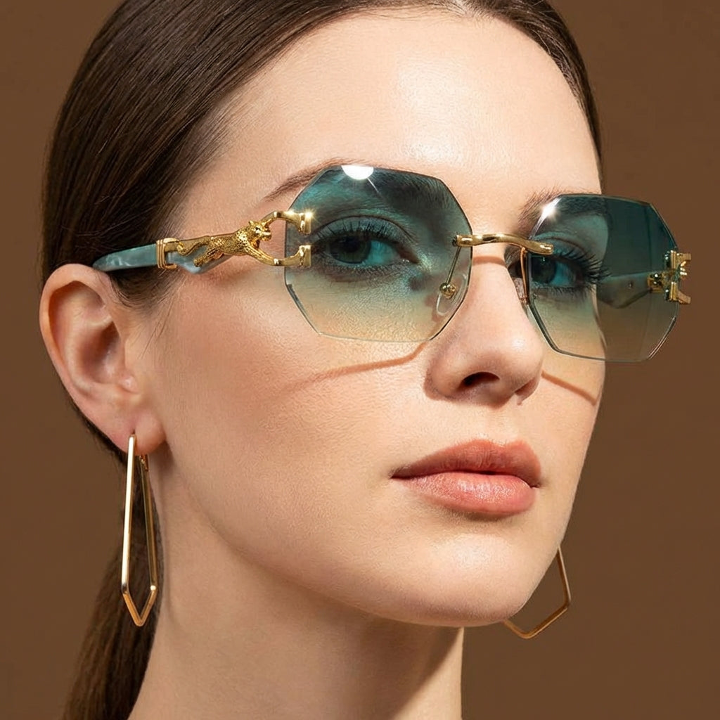 Rimless polygonal sunglasses, lightweight alloy frame, chic leopard accents & gradient lenses.