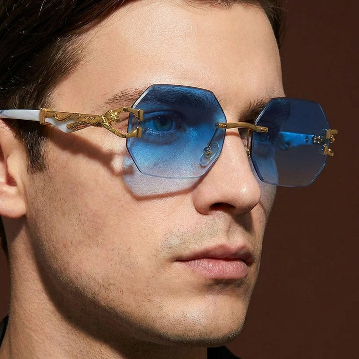 Modern unisex polygonal sunglasses, stylish leopard print, rimless, offering UV400 protection.
