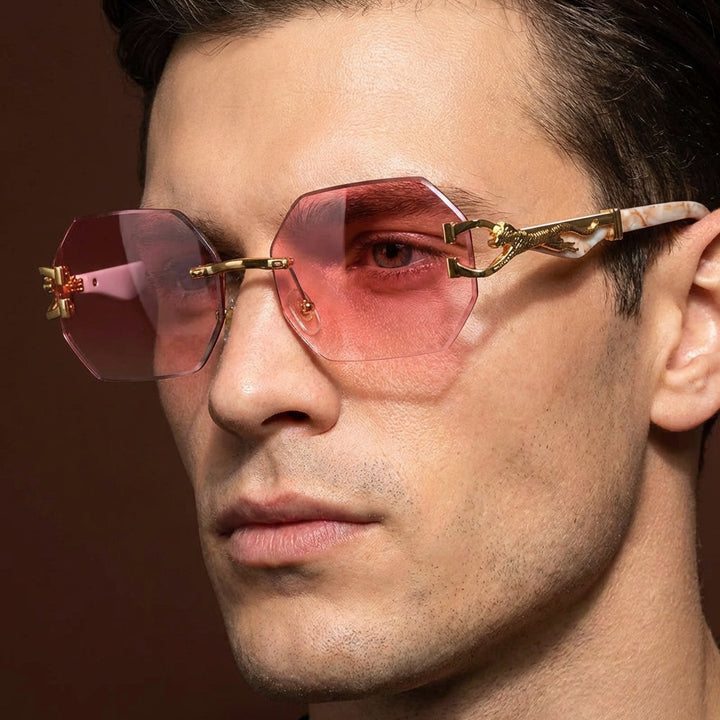 Modern polygonal eyewear with elegant leopard detail, gradient lenses, & essential UV400 protection.