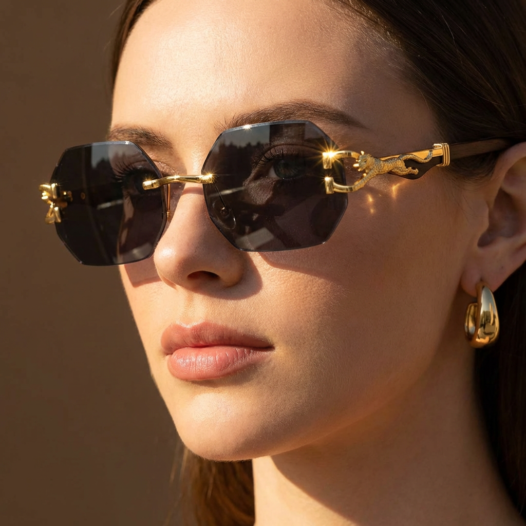 Rimless polygonal unisex sunglasses featuring an alloy frame, leopard design, and gradient UV400 lenses.