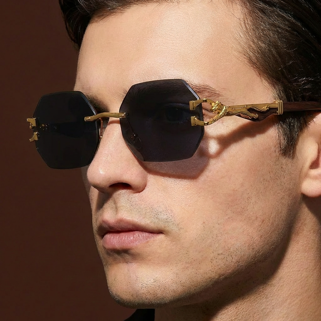 Lightweight polygonal sunglasses, unisex, leopard print accents, modern rimless design, UV400.