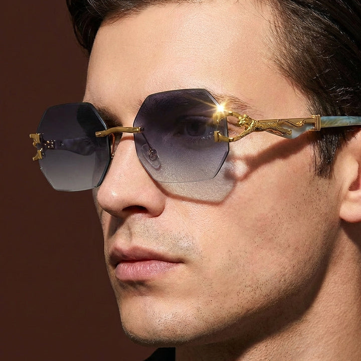 Chic polygonal sunglasses, rimless, with sophisticated leopard print detail & UV400 protection.