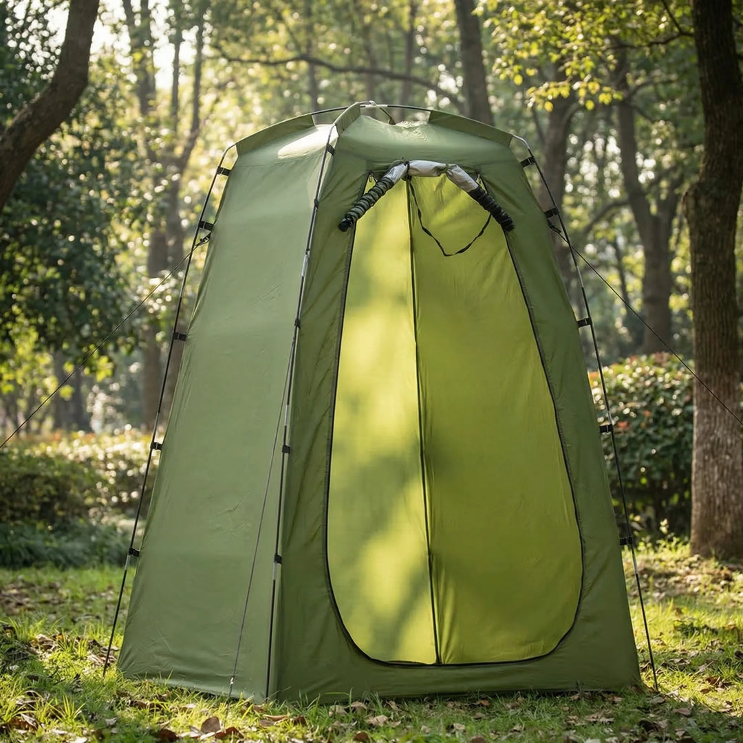 Unisex pop-up privacy tent for outdoor changing, shower, or toilet. Portable and easy to set up.