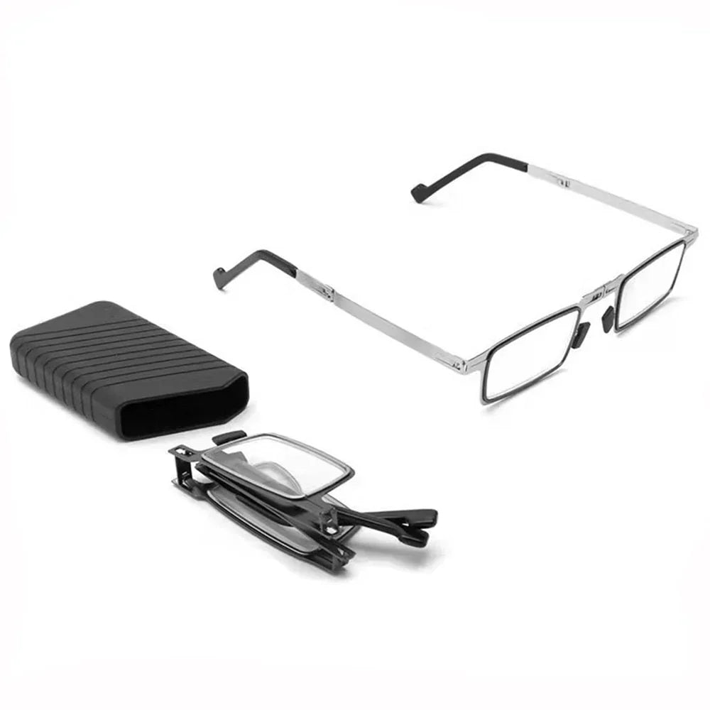 Unisex portable folding reading glasses with a compact design, perfect for travel & everyday use.