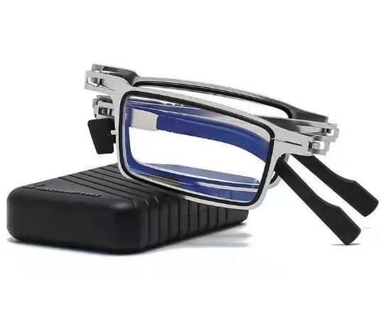 Silver-framed folding reading glasses shown with compact case, ideal for easy storage and portability.
