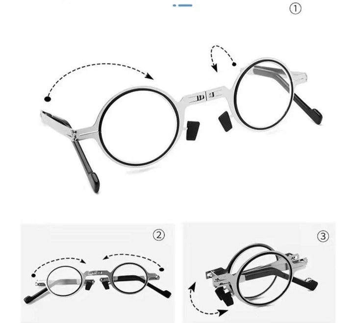 Compact silver folding reading glasses, a unisex travel essential for clear vision and reading aid.