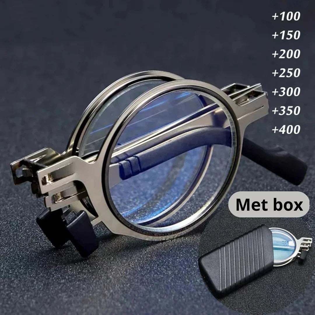 Pocket-sized folding reading glasses with a sleek case, perfect for on-the-go magnification & convenience.