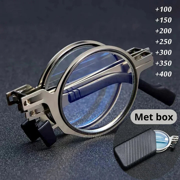 Pocket-sized folding reading glasses with a sleek case, perfect for on-the-go magnification & convenience.